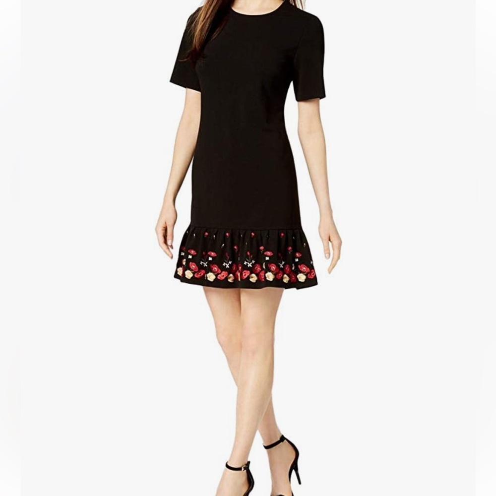 Calvin Klein Black Dress with Floral Embroidery